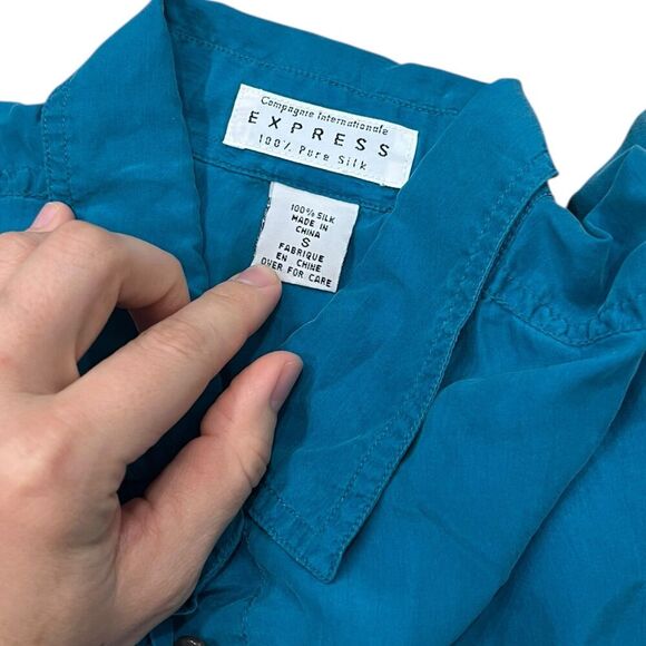 Express Teal Vintage 100% Silk Oversized Blouse S - Picture 3 of 3